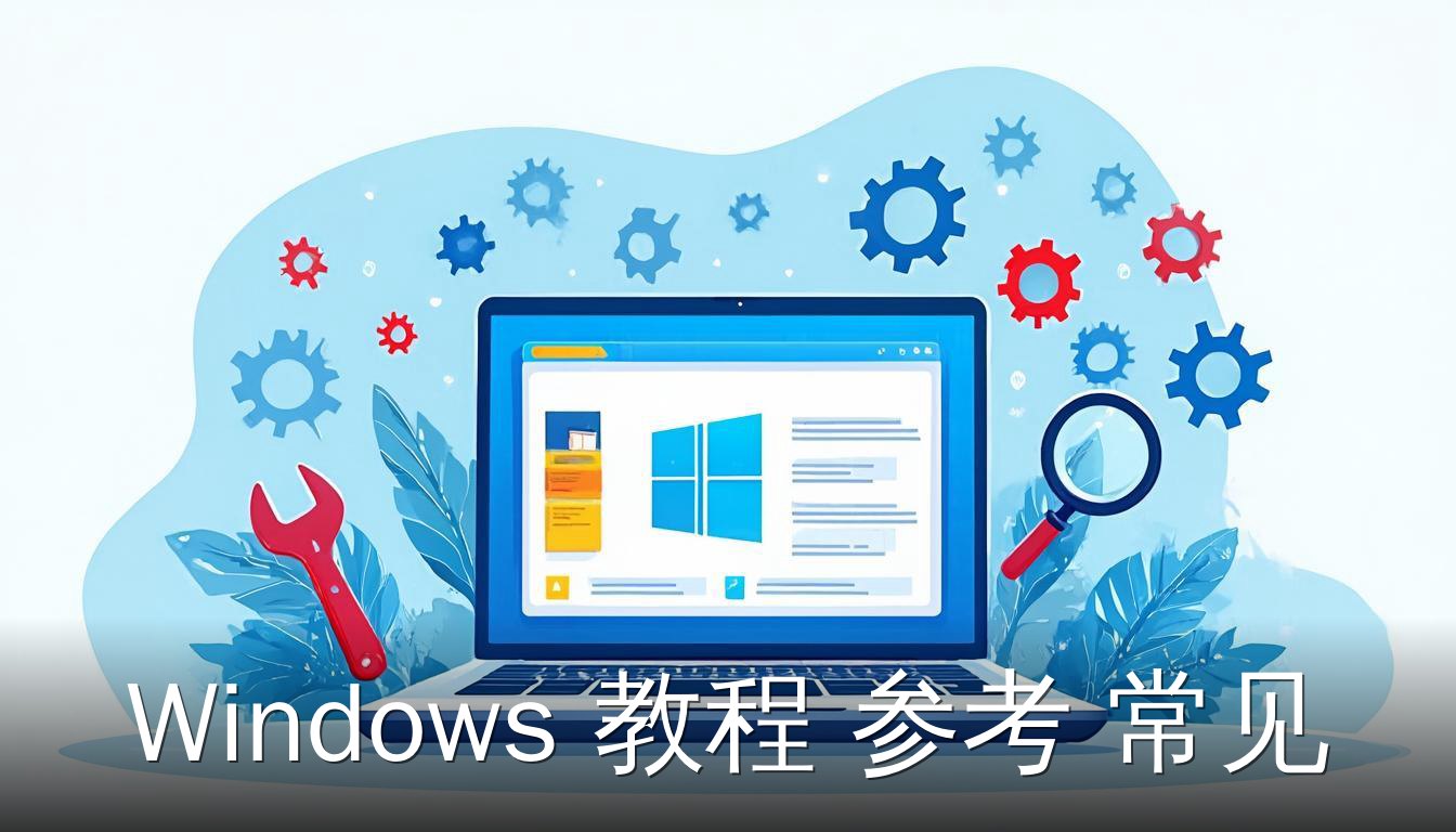 Windows教程参考常见问题，笔记本电脑显示设置界面，周围有齿轮和工具图标