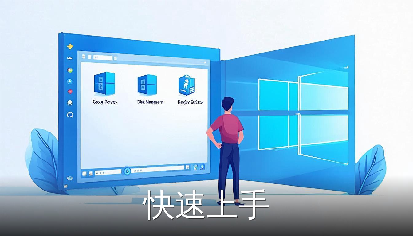 windows高级操作核心概念示意图，包含组策略、磁盘管理和注册表等工具